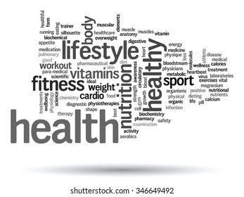 Vector concept or conceptual abstract word cloud on white background, metaphor to health, nutrition, diet, wellness, body, energy, medical, fitness, medical, gym, medicine, sport, heart science