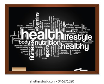 Vector concept or conceptual abstract word cloud on blackboard background, metaphor to health, nutrition, diet, wellness, body, energy, medical, fitness, medical, gym, medicine, sport, heart science