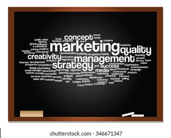 Vector concept or conceptual abstract word cloud on blackboard background as metaphor for business, trend, media, focus, market, value, product, advertising or customer. Also for corporate wordcloud