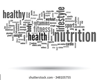Vector concept or conceptual abstract word cloud on white background, metaphor to health, nutrition, diet, wellness, body, energy, medical, fitness, medical, gym, medicine, sport, heart science