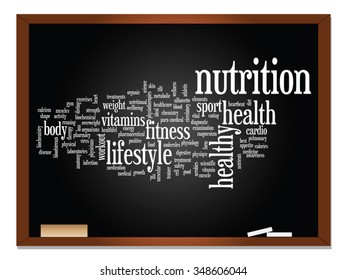 Vector concept or conceptual abstract word cloud on blackboard background, metaphor to health, nutrition, diet, wellness, body, energy, medical, fitness, medical, gym, medicine, sport, heart science