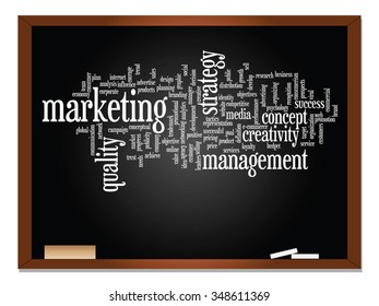 Conceito vetorial ou nuvem de palavras abstratas conceitual no fundo de quadro-negro como metáfora para negócios, tendência, mídia, foco, mercado, valor, produto, publicidade ou cliente. Também para nuvem de palavras corporativa