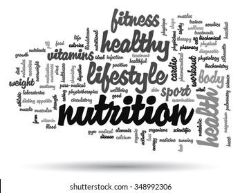 Vector concept or conceptual abstract word cloud on white background, metaphor to health, nutrition, diet, wellness, body, energy, medical, fitness, medical, gym, medicine, sport, heart science