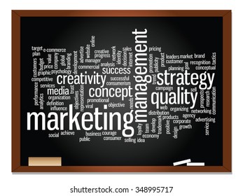 Vector concept or conceptual abstract word cloud on blackboard background as metaphor for business, trend, media, focus, market, value, product, advertising or customer. Also for corporate wordcloud