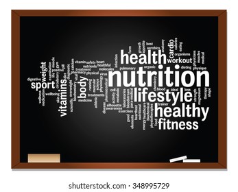 Vector concept or conceptual abstract word cloud on blackboard background, metaphor to health, nutrition, diet, wellness, body, energy, medical, fitness, medical, gym, medicine, sport, heart science