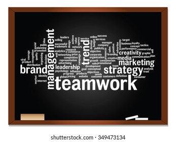Vector concept or conceptual abstract word cloud on blackboard background as metaphor for business, trend, media, focus, market, value, product, advertising or customer. Also for corporate wordcloud