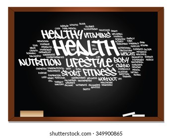 Conceito vetorial ou palavra abstrata conceitual nuvem no fundo de quadro-negro, metáfora para a saúde, nutrição, dieta, bem-estar, corpo, energia, médica, fitness, médica, ginástica, medicina, esporte, ciência do coração