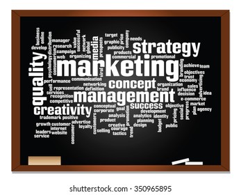 Vector concept or conceptual abstract word cloud on blackboard background as metaphor for business, trend, media, focus, market, value, product, advertising or customer. Also for corporate wordcloud