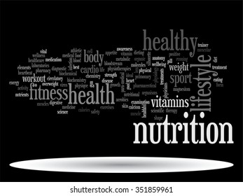 Vector concept or conceptual abstract word cloud on black background, metaphor to health, nutrition, diet, wellness, body, energy, medical, fitness, medical, gym, medicine, sport, heart science
