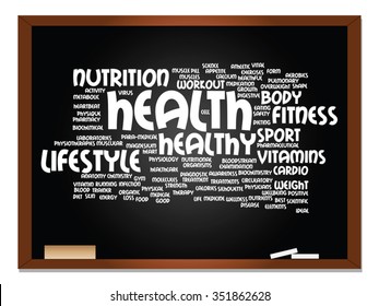 Vector concept or conceptual abstract word cloud on blackboard background, metaphor to health, nutrition, diet, wellness, body, energy, medical, fitness, medical, gym, medicine, sport, heart science