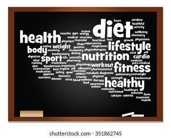 Vector concept or conceptual abstract word cloud on blackboard background, metaphor to health, nutrition, diet, wellness, body, energy, medical, fitness, medical, gym, medicine, sport, heart science