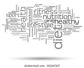 Vector concept or conceptual abstract word cloud on white background, metaphor to health, nutrition, diet, wellness, body, energy, medical, fitness, medical, gym, medicine, sport, heart science