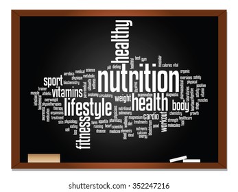 Vector concept or conceptual abstract word cloud on blackboard background, metaphor to health, nutrition, diet, wellness, body, energy, medical, fitness, medical, gym, medicine, sport, heart science