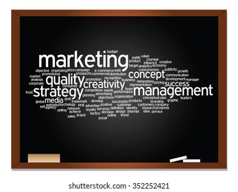 Vector concept or conceptual abstract word cloud on blackboard background as metaphor for business, trend, media, focus, market, value, product, advertising or customer. Also for corporate wordcloud