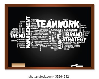 Vector concept or conceptual abstract word cloud on blackboard background as metaphor for business, trend, media, focus, market, value, product, advertising or customer. Also for corporate wordcloud