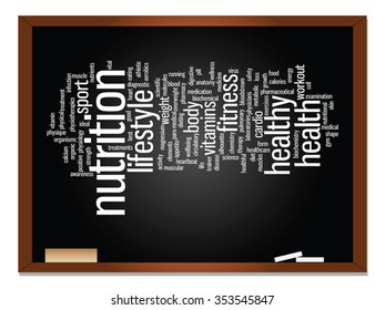 Vector concept or conceptual abstract word cloud on blackboard background, metaphor to health, nutrition, diet, wellness, body, energy, medical, fitness, medical, gym, medicine, sport, heart science