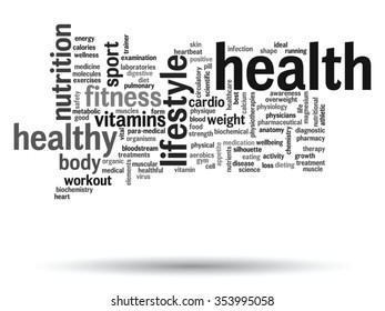 Vector concept or conceptual abstract word cloud on white background, metaphor to health, nutrition, diet, wellness, body, energy, medical, fitness, medical, gym, medicine, sport, heart science