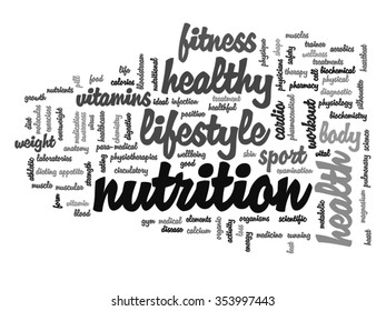 Vector concept or conceptual abstract word cloud on white background, metaphor to health, nutrition, diet, wellness, body, energy, medical, fitness, medical, gym, medicine, sport, heart science