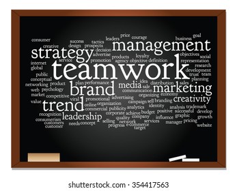 Vector concept or conceptual abstract word cloud on blackboard background as metaphor for business, trend, media, focus, market, value, product, advertising or customer. Also for corporate wordcloud