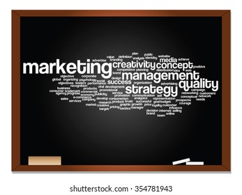 Vector concept or conceptual abstract word cloud on blackboard background as metaphor for business, trend, media, focus, market, value, product, advertising or customer. Also for corporate wordcloud
