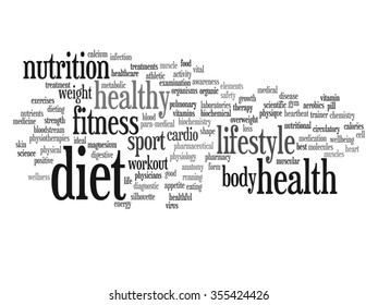 Vector concept or conceptual abstract word cloud on white background as metaphor for health, nutrition, diet, wellness, body, energy, medical, fitness, medical, gym, medicine, sport, heart or science