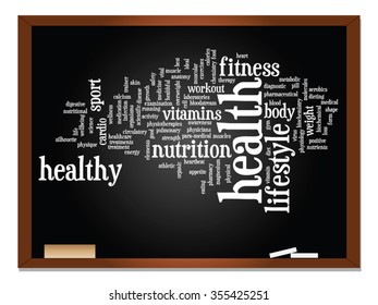 Vector concept or conceptual abstract word cloud on blackboard background, metaphor to health, nutrition, diet, wellness, body, energy, medical, fitness, medical, gym, medicine, sport, heart science