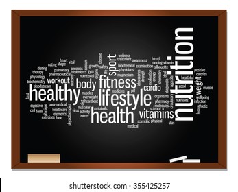 Concepto vectorial o nube conceptual abstracta de palabras en el fondo de la pizarra, metáfora a la salud, la nutrición, la dieta, el bienestar, el cuerpo, la energía, la salud, la aptitud física, la medicina, la medicina, el deporte, la ciencia del corazón