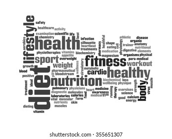 Vector concept or conceptual abstract word cloud on white background as metaphor for health, nutrition, diet, wellness, body, energy, medical, fitness, medical, gym, medicine, sport, heart or science