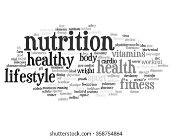 Vector concept or conceptual abstract word cloud on white background as metaphor for health, nutrition, diet, wellness, body, energy, medical, fitness, medical, gym, medicine, sport, heart or science