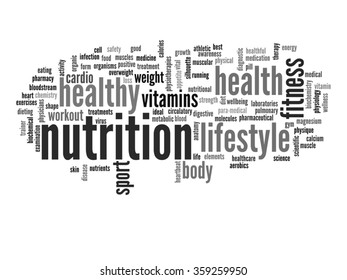 Vektorkonzept oder konzeptuell abstrakte Wortwolke auf weißem Hintergrund als Metapher für Gesundheit, Ernährung, Ernährung, Wellness, Körper, Energie, Medizin, Fitness, Medizin, Medizin, Sport, Herz oder Wissenschaft