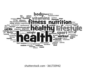 Vector concept or conceptual abstract word cloud on white background as metaphor for health, nutrition, diet, wellness, body, energy, medical, fitness, medical, gym, medicine, sport, heart or science