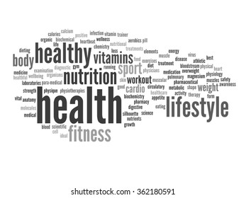 Vector concept or conceptual abstract word cloud on white background as metaphor for health, nutrition, diet, wellness, body, energy, medical, fitness, medical, gym, medicine, sport, heart or science