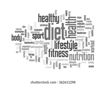 Vector concept or conceptual abstract word cloud on white background as metaphor for health, nutrition, diet, wellness, body, energy, medical, fitness, medical, gym, medicine, sport, heart or science