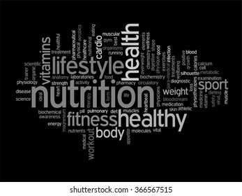 Concepto vectorial o nube de palabras abstracta conceptual sobre fondo negro como metáfora para la salud, la nutrición, la dieta, el bienestar, el cuerpo, la energía, la medicina, la aptitud física, la medicina, la medicina, el deporte, el corazón o la ciencia