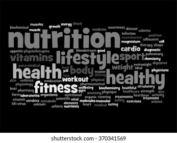 Concepto vectorial o nube de palabras abstracta conceptual sobre fondo negro como metáfora para la salud, la nutrición, la dieta, el bienestar, el cuerpo, la energía, la medicina, la aptitud física, la medicina, la medicina, el deporte, el corazón o la ciencia
