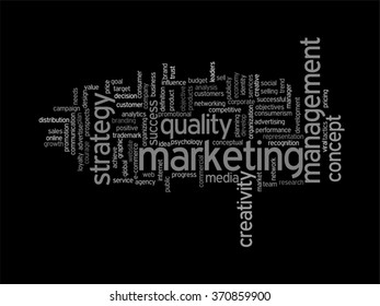 Vector concept or conceptual abstract word cloud on black background as metaphor for business, trend, media, focus, market, value, product, advertising or customer. Also for corporate wordcloud