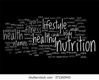 Concepto vectorial o nube de palabras abstracta conceptual sobre fondo negro como metáfora para la salud, la nutrición, la dieta, el bienestar, el cuerpo, la energía, la medicina, la aptitud física, la medicina, la medicina, el deporte, el corazón o la ciencia