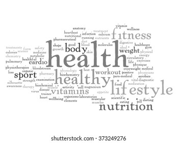 Vector concept or conceptual abstract word cloud on white background as metaphor for health, nutrition, diet, wellness, body, energy, medical, fitness, medical, gym, medicine, sport, heart or science