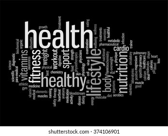 Vector concept or conceptual abstract word cloud on black background as metaphor for health, nutrition, diet, wellness, body, energy, medical, fitness, medical, gym, medicine, sport, heart or science