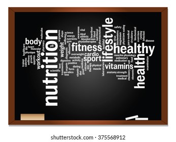 Concepto vectorial nube de palabras abstracta conceptual en pizarra y fondo tiza para salud, nutrición, dieta, bienestar, cuerpo, energía, medicina, fitness, medicina, gimnasia, medicina, deporte, cardiología