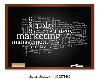 Vector concept or conceptual abstract word cloud on blackboard background as metaphor for business, trend, media, focus, market, value, product, advertising or customer. Also for corporate wordcloud