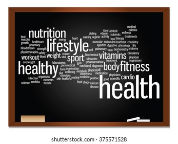 Concepto vectorial nube de palabras abstracta conceptual en pizarra y fondo tiza para salud, nutrición, dieta, bienestar, cuerpo, energía, medicina, fitness, medicina, gimnasia, medicina, deporte, cardiología