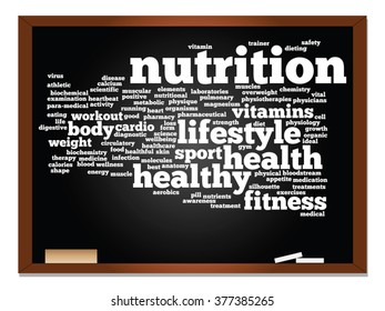 Vector concept conceptual abstract word cloud on blackboard and chalk background for health, nutrition, diet, wellness, body, energy, medical, fitness, medical, gym, medicine, sport, heart science