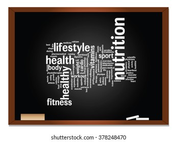 Vector concept or conceptual abstract word cloud on blackboard and chalk background for health, nutrition, diet, wellness, body, energy, medical, fitness, medical, gym, medicine, sport, heart science