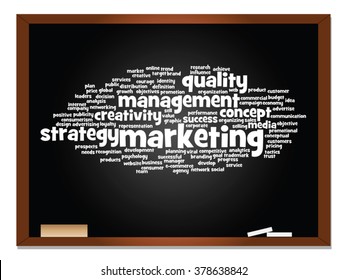 Vector concept or conceptual abstract word cloud on blackboard background as metaphor for business, trend, media, focus, market, value, product, advertising or customer. Also for corporate wordcloud