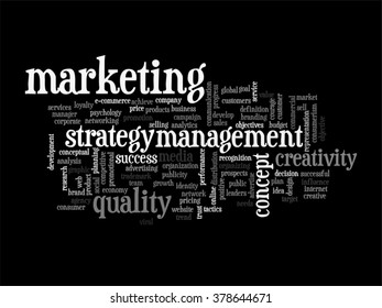 Concepto vectorial o nube conceptual abstracta de palabras sobre fondo negro como metáfora para negocios, tendencias, medios, enfoque, mercado, valor, producto, publicidad o cliente. También para la nube de palabras corporativa