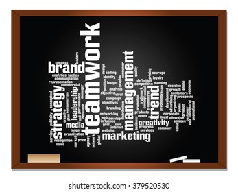 Vector concept or conceptual abstract word cloud on blackboard background as metaphor for business, trend, media, focus, market, value, product, advertising or customer. Also for corporate wordcloud