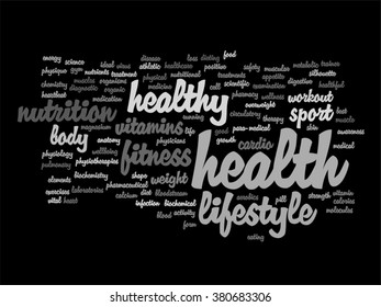 Concepto vectorial o nube de palabras abstracta conceptual sobre fondo negro como metáfora para la salud, la nutrición, la dieta, el bienestar, el cuerpo, la energía, la medicina, la aptitud física, la medicina, la medicina, el deporte, el corazón o la ciencia
