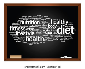 Vector concept or conceptual abstract word cloud on blackboard background, metaphor to health, nutrition, diet, wellness, body, energy, medical, fitness, medical, gym, medicine, sport, heart science