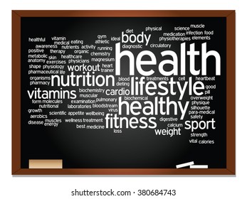 Vector concept or conceptual abstract word cloud on blackboard background, metaphor to health, nutrition, diet, wellness, body, energy, medical, fitness, medical, gym, medicine, sport, heart science